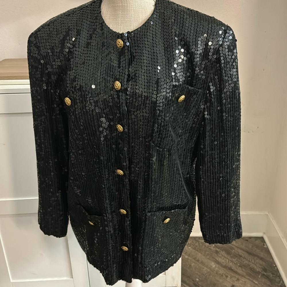 Vintage Black Sequin Women's Blazer w Gold Buttons